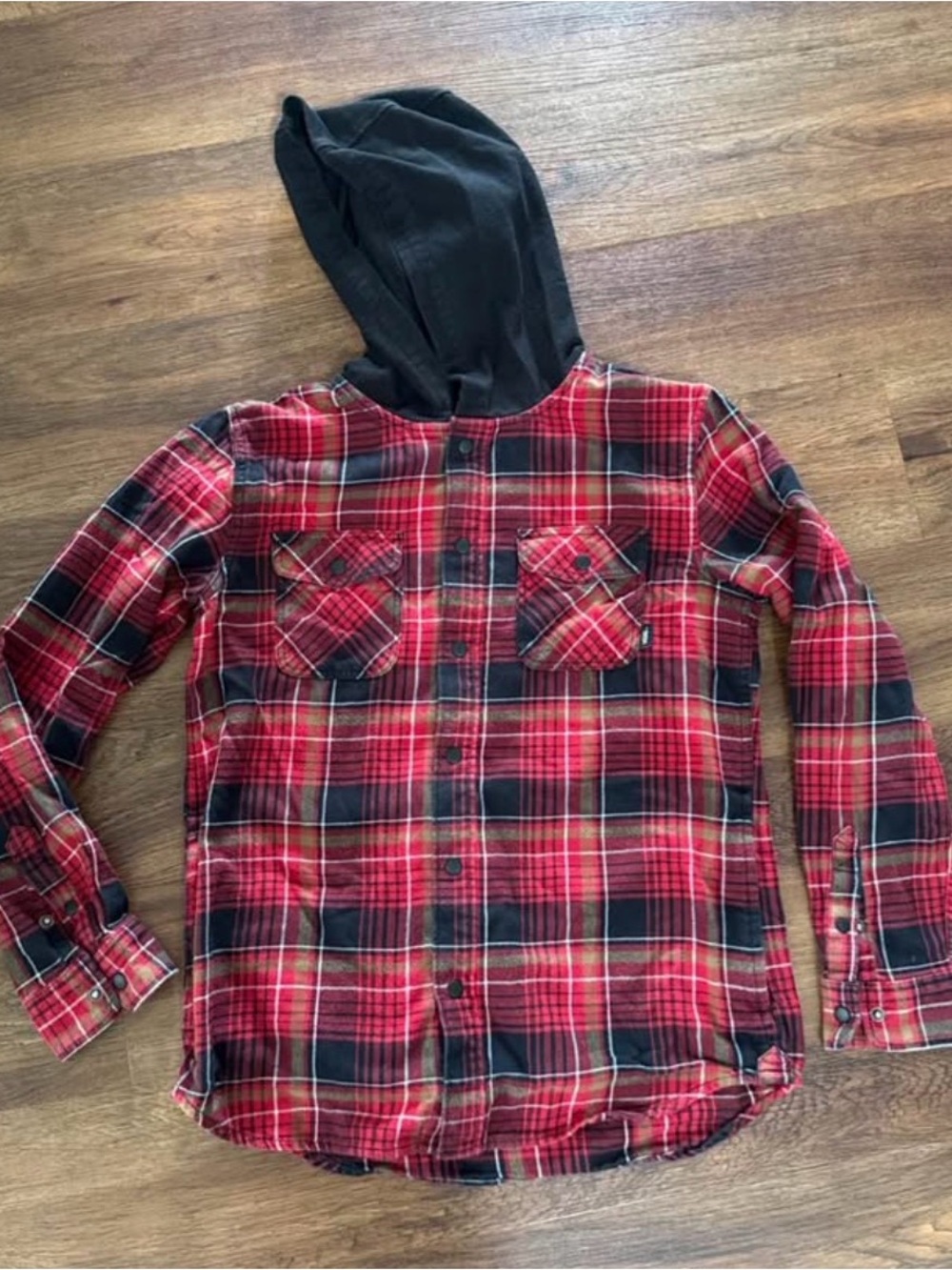 Vans Red and Black Plaid Hooded Button-Up Shirt